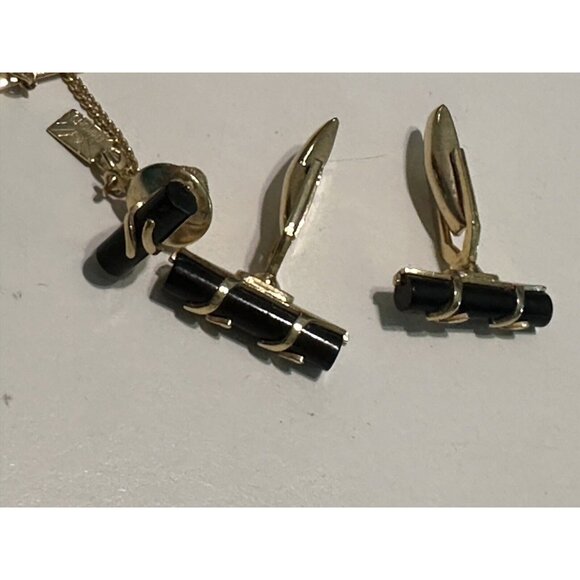 Vintage Emmons Cufflinks Tie Tack Pin Black Onyx gold tone Mid Century Wedding - Picture 3 of 9